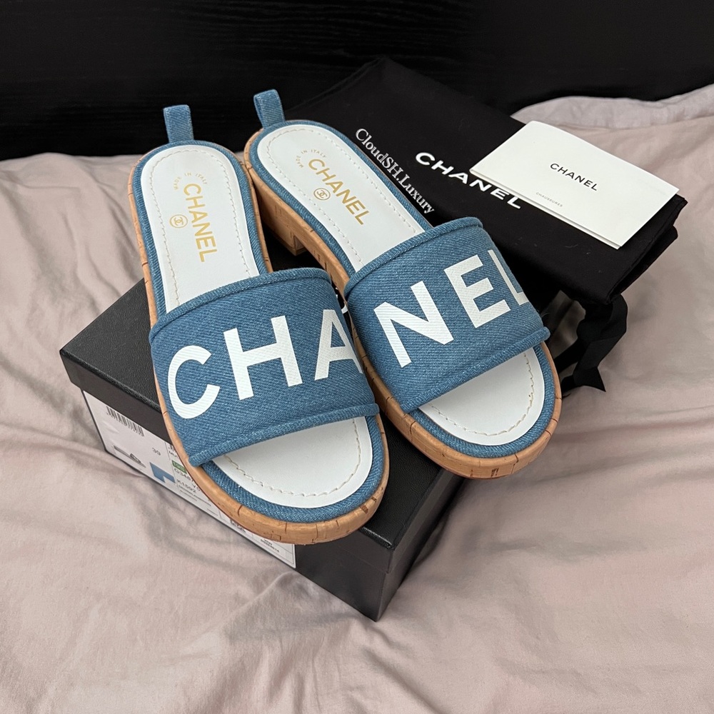 Auth Chanel 19s Denim Logo Cork Sandals - Size 39